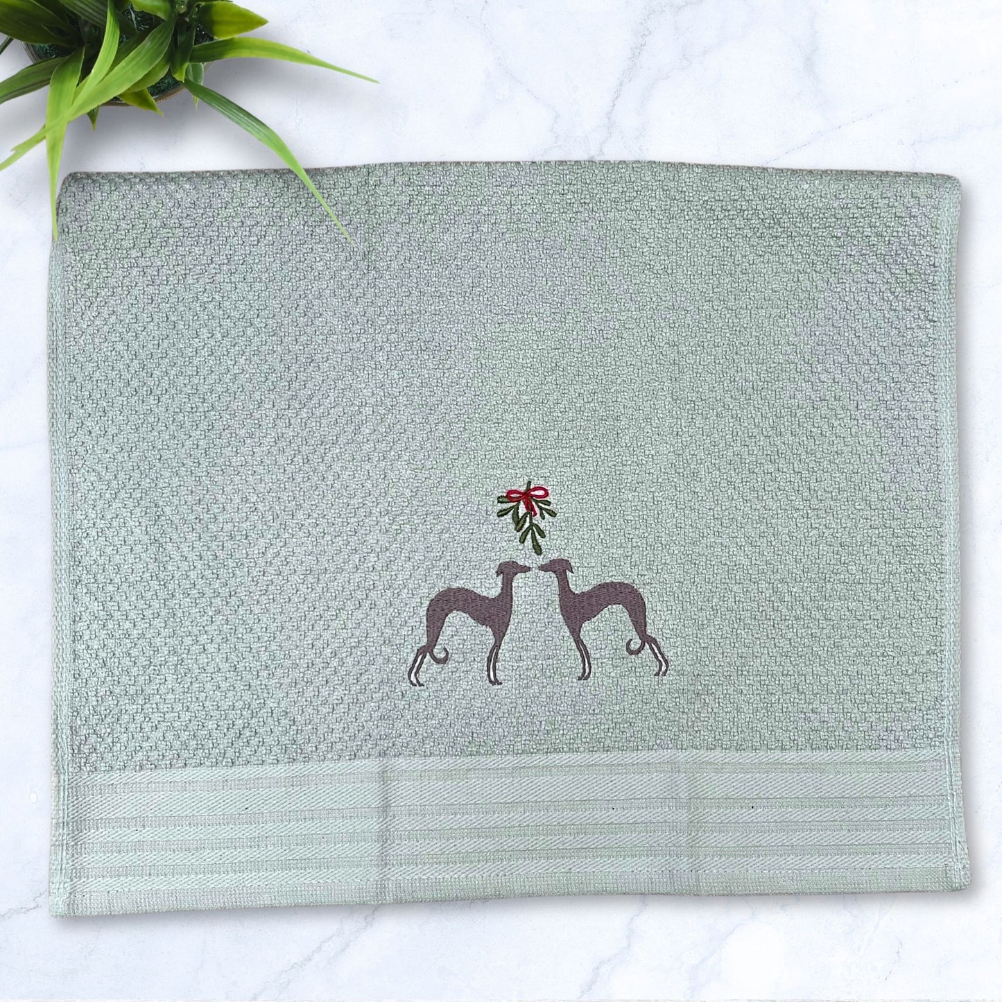 Under The Mistletoe Italian Greyhound Whippet Sage Kitchen Hand Towel
