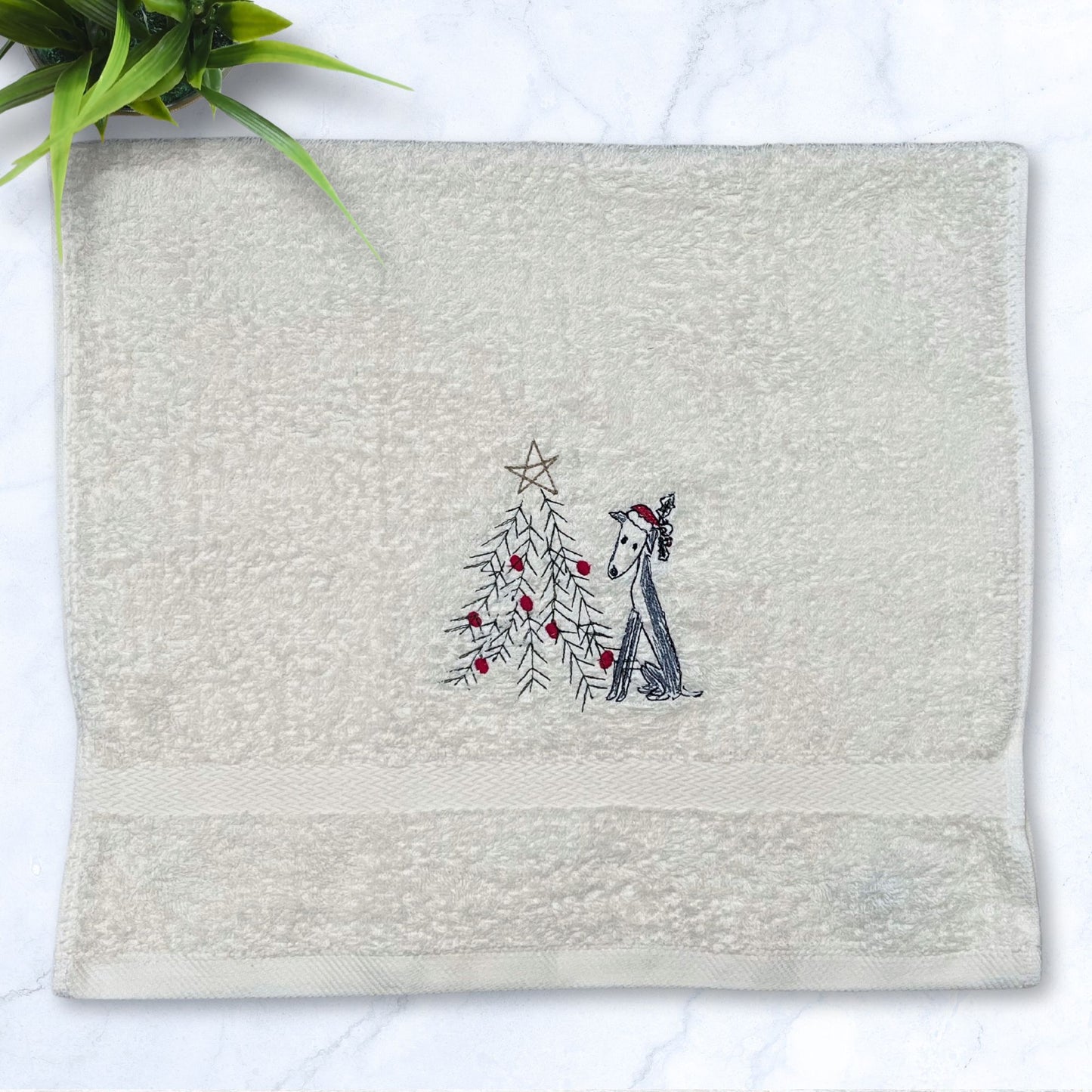 Oh Houndie Christmas Tree Iggy Whippet Greyhound Beige Hand Towel