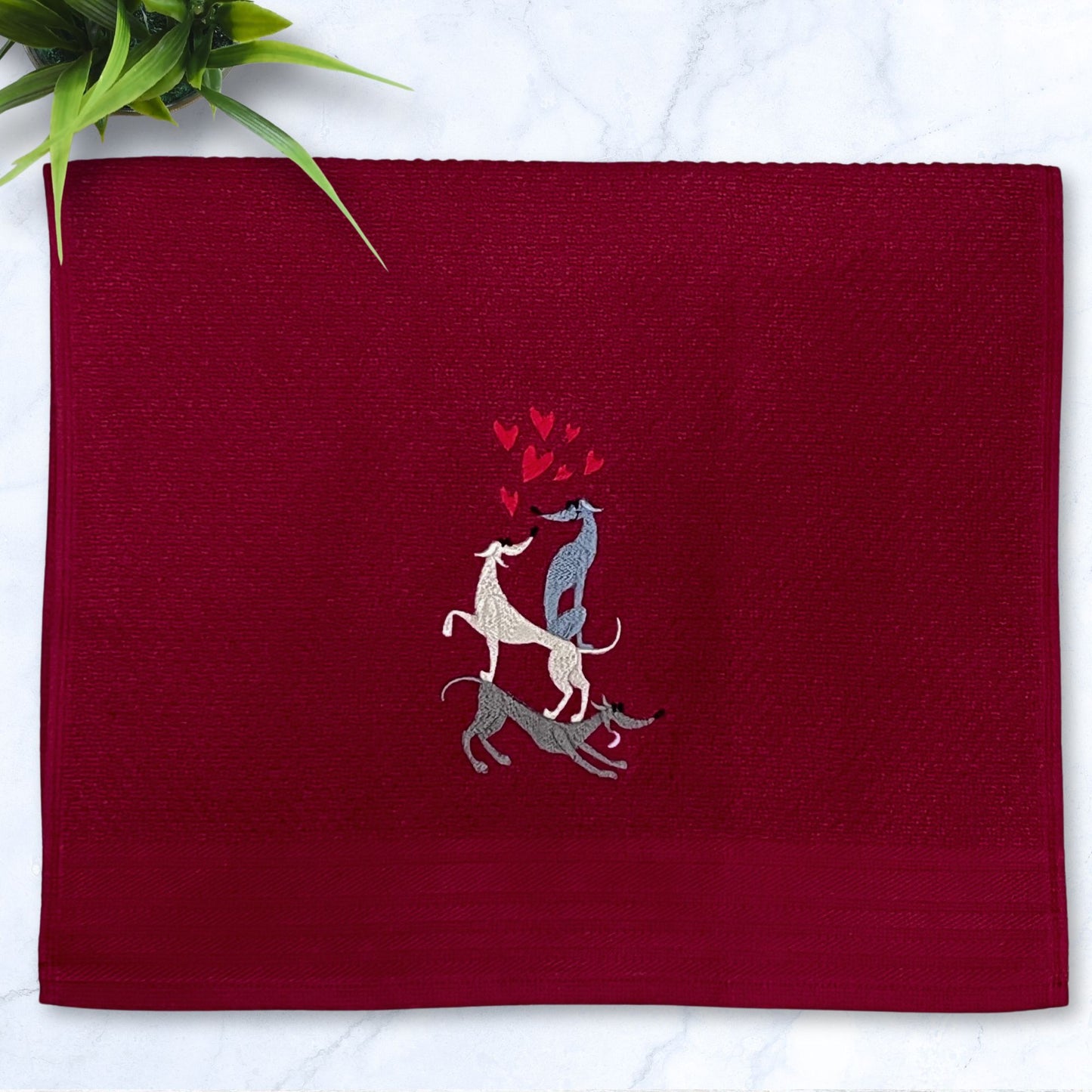 Stacked Hounds with Hearts Italian Greyhound Whippet Brick Red Kitchen Hand Towel