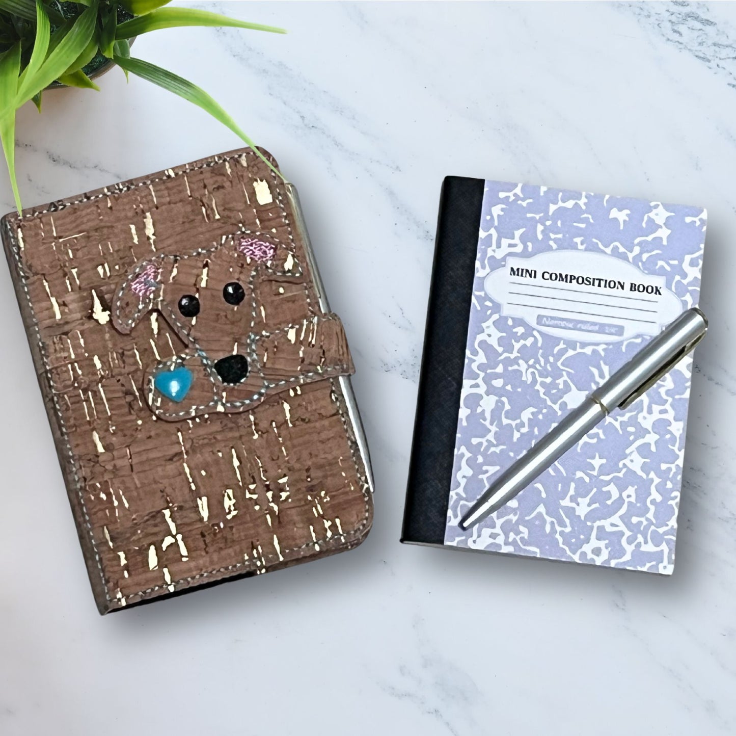 Mini Notebook Cover Cork Houndie Head with Heart Snap