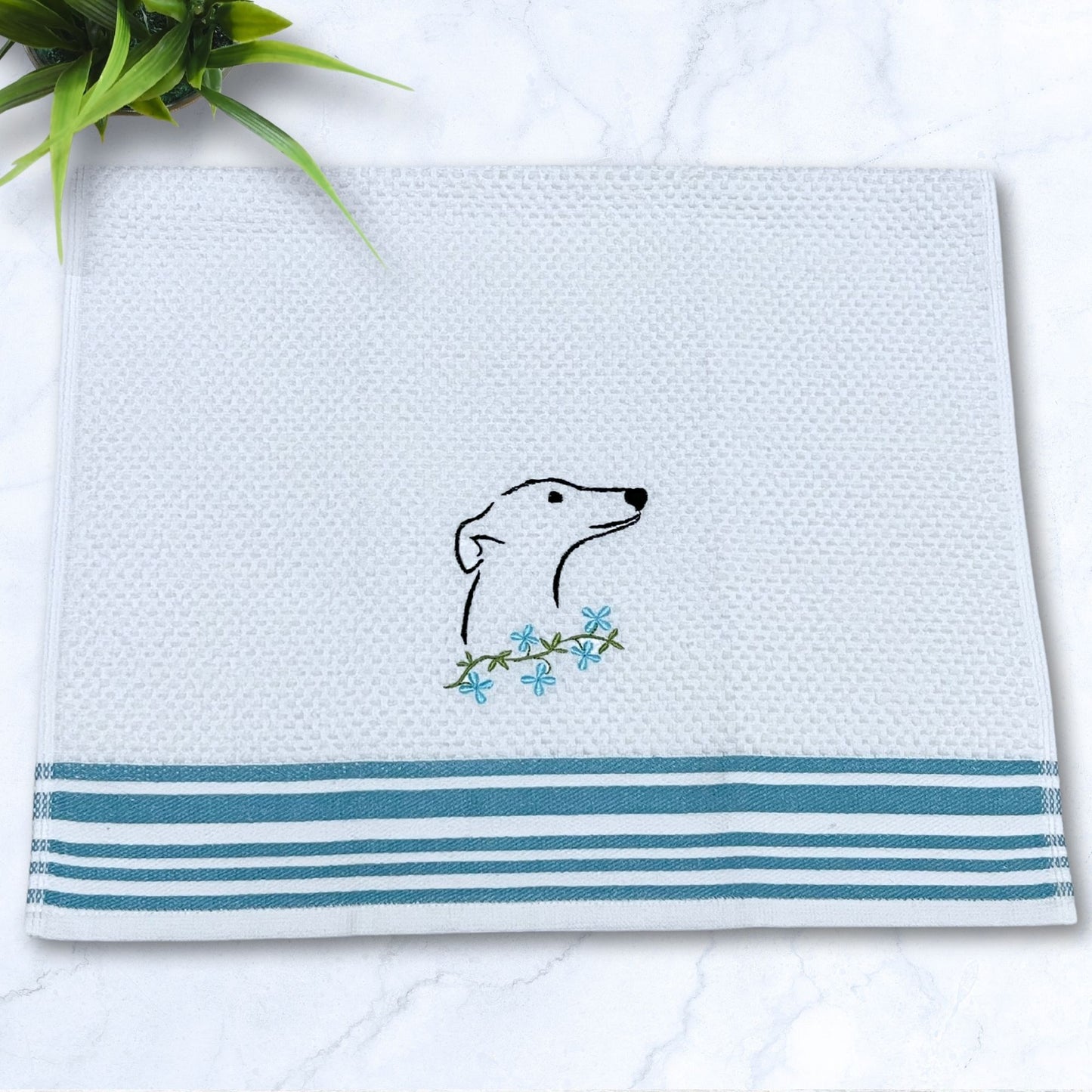 Floral Hound Iggy Greyhound Whippet Turquoise Stripes Kitchen Hand Towel
