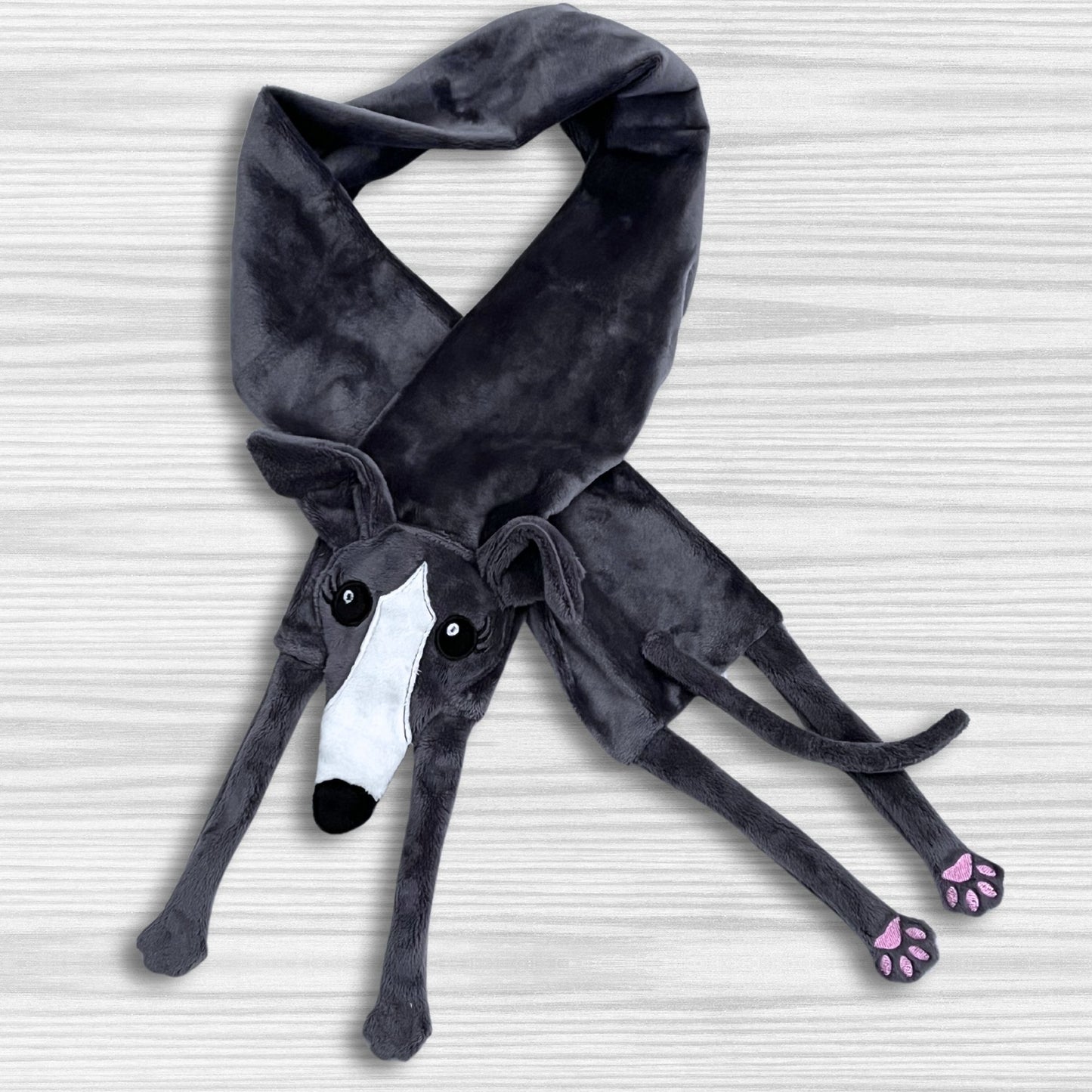 Houndie Cuddler Scarf Greyhound Whippet Grey with Blaze and Eyelashes