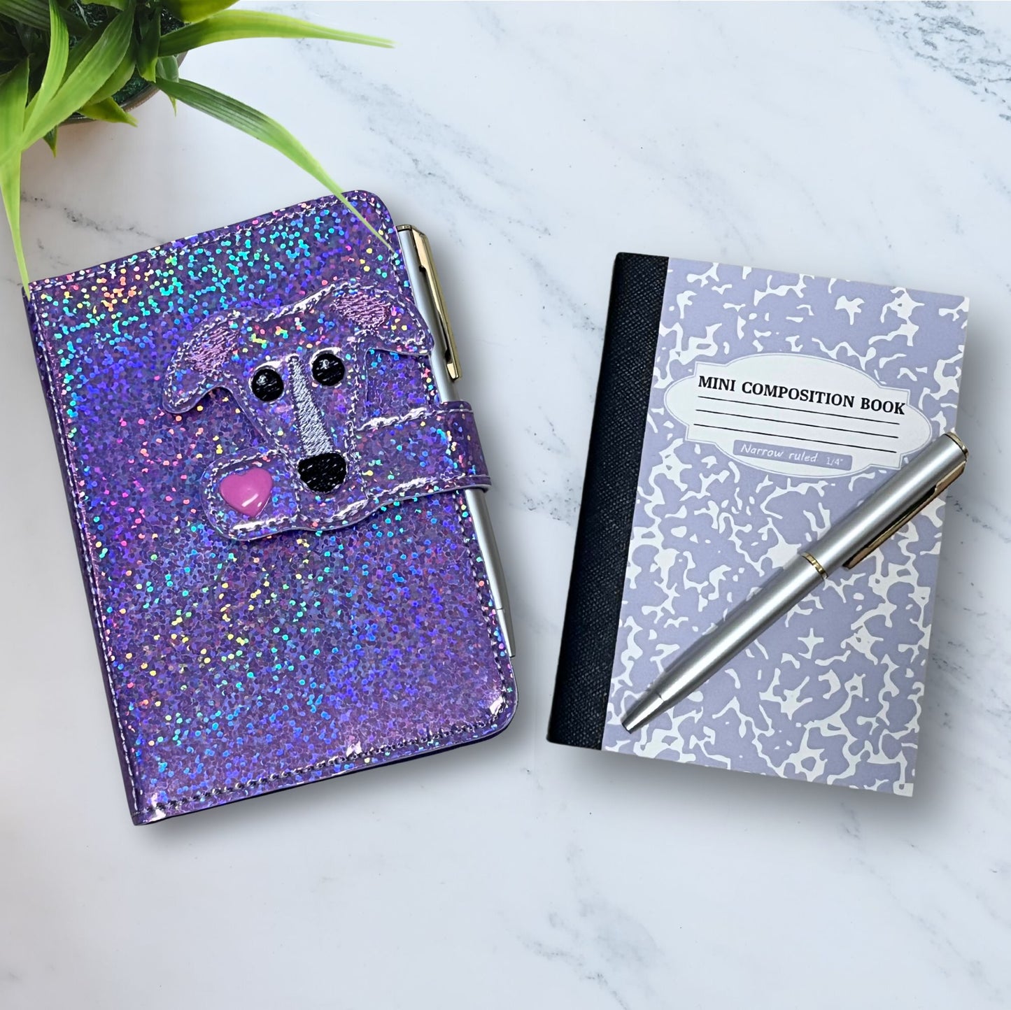 Mini Notebook Cover Lavender Holo Sparkle Houndie Head with Blaze and Heart Snap