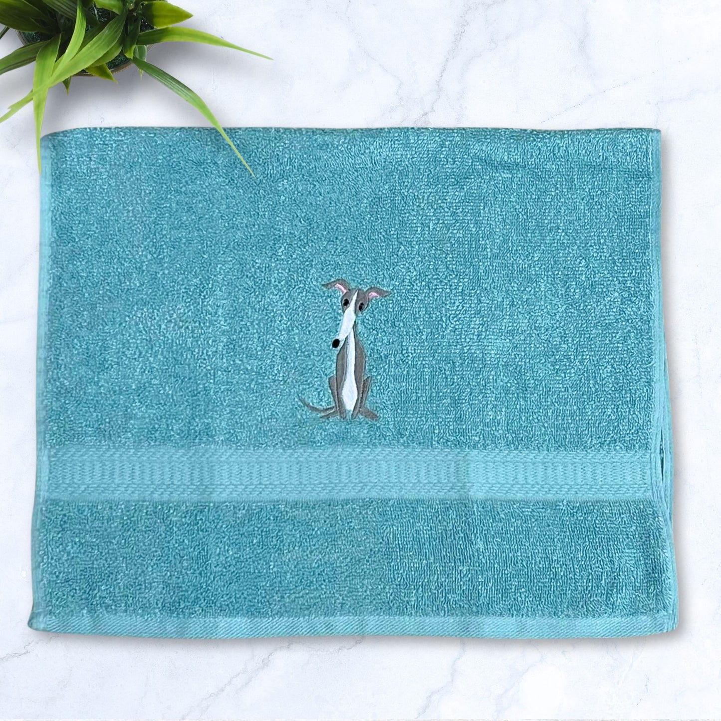 Sitting Italian Greyhound Whippet Aqua Hand Towel