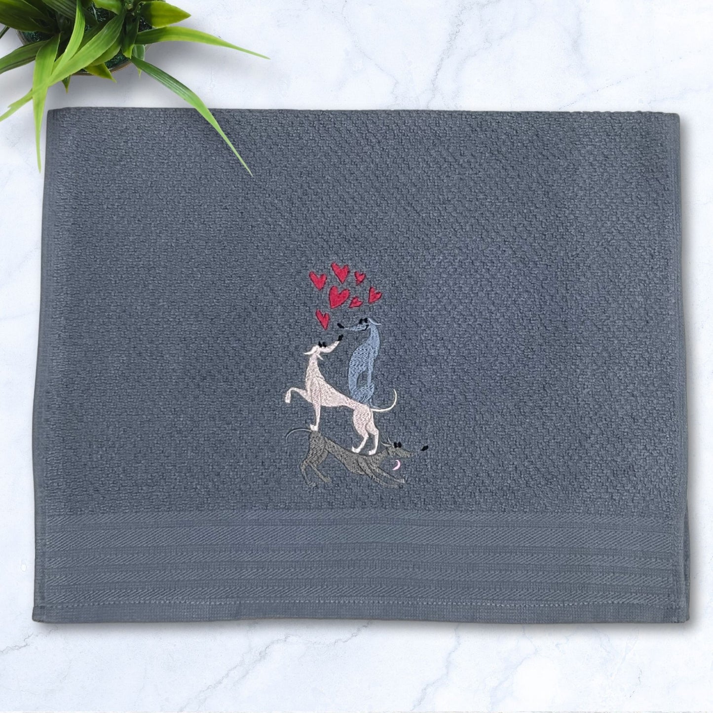 Stacked Hounds with Hearts Italian Greyhound Whippet Grey Kitchen Hand Towel