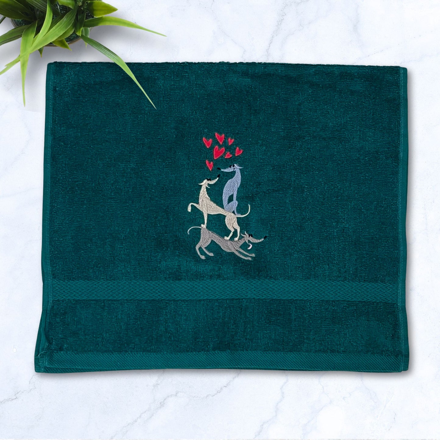 Stacked Hounds with Hearts Italian Greyhound Whippet Hunter Green Hand Towel
