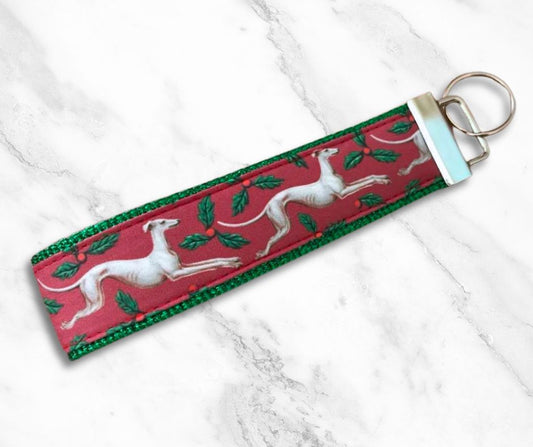 Key Leash - Greyhound Holly Hounds Red on Green Sparkle 10"