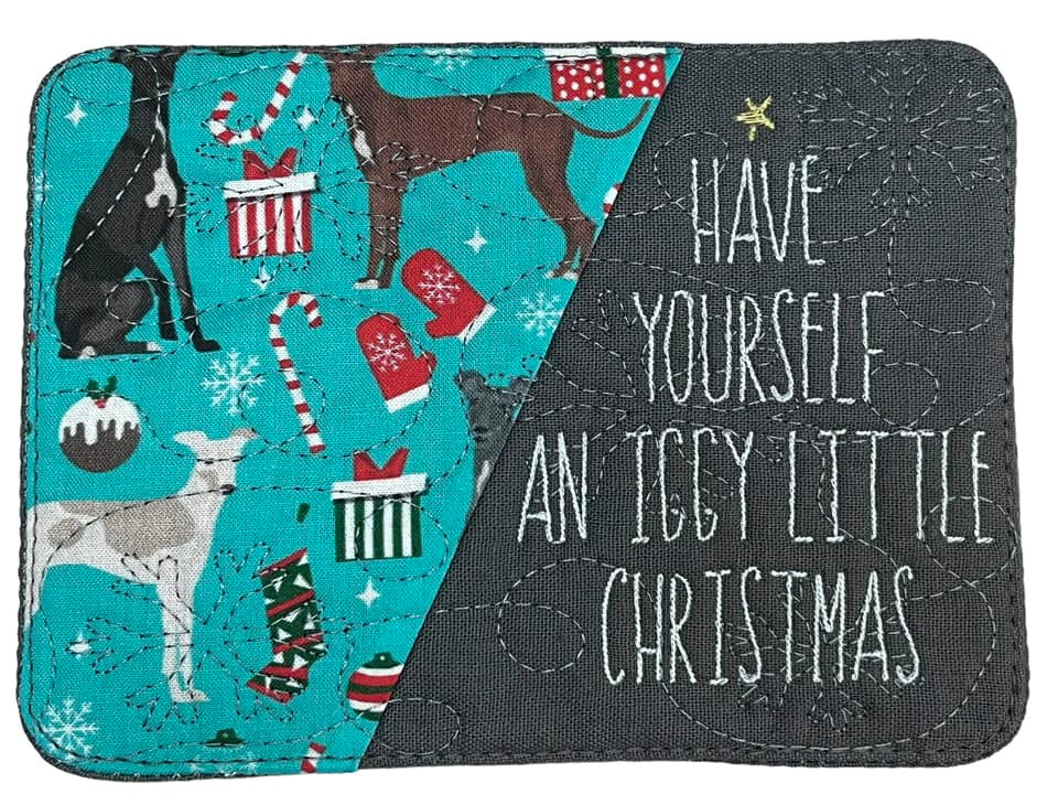 Mug Rug - Iggy Christmas Turquoise / Grey Quilted Snowflakes