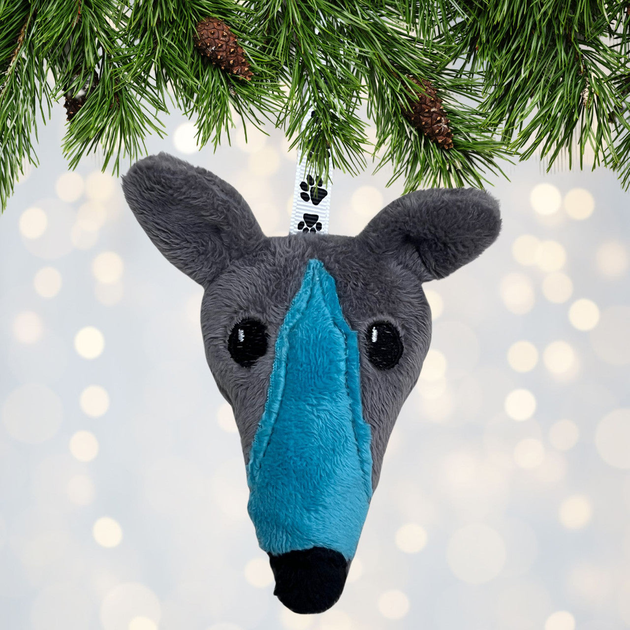 Houndie Head Ornament Grey with Teal Blaze