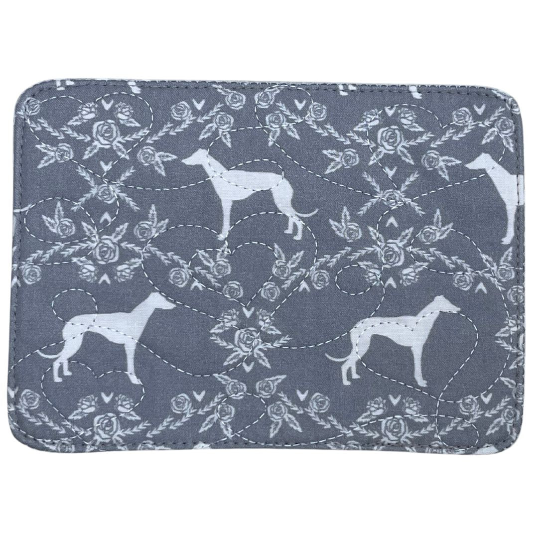 Mug Rug - Graceful Greyhounds Grey Quilted Hearts