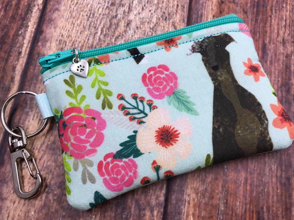 Garden Greyhound / Metallic Aqua Pleather Credit Card Zip Bag 4.5x3