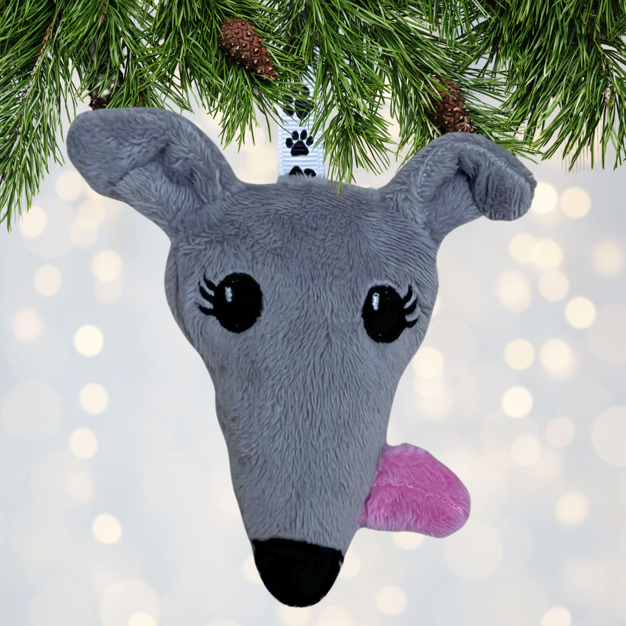 Houndie Head Ornament Light Grey with Eyelashes and Tongue