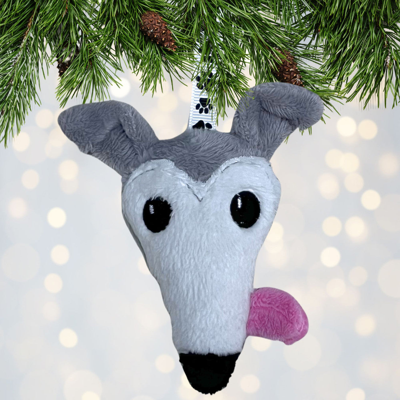 Houndie Head Ornament Light Grey with Mask and Tongue