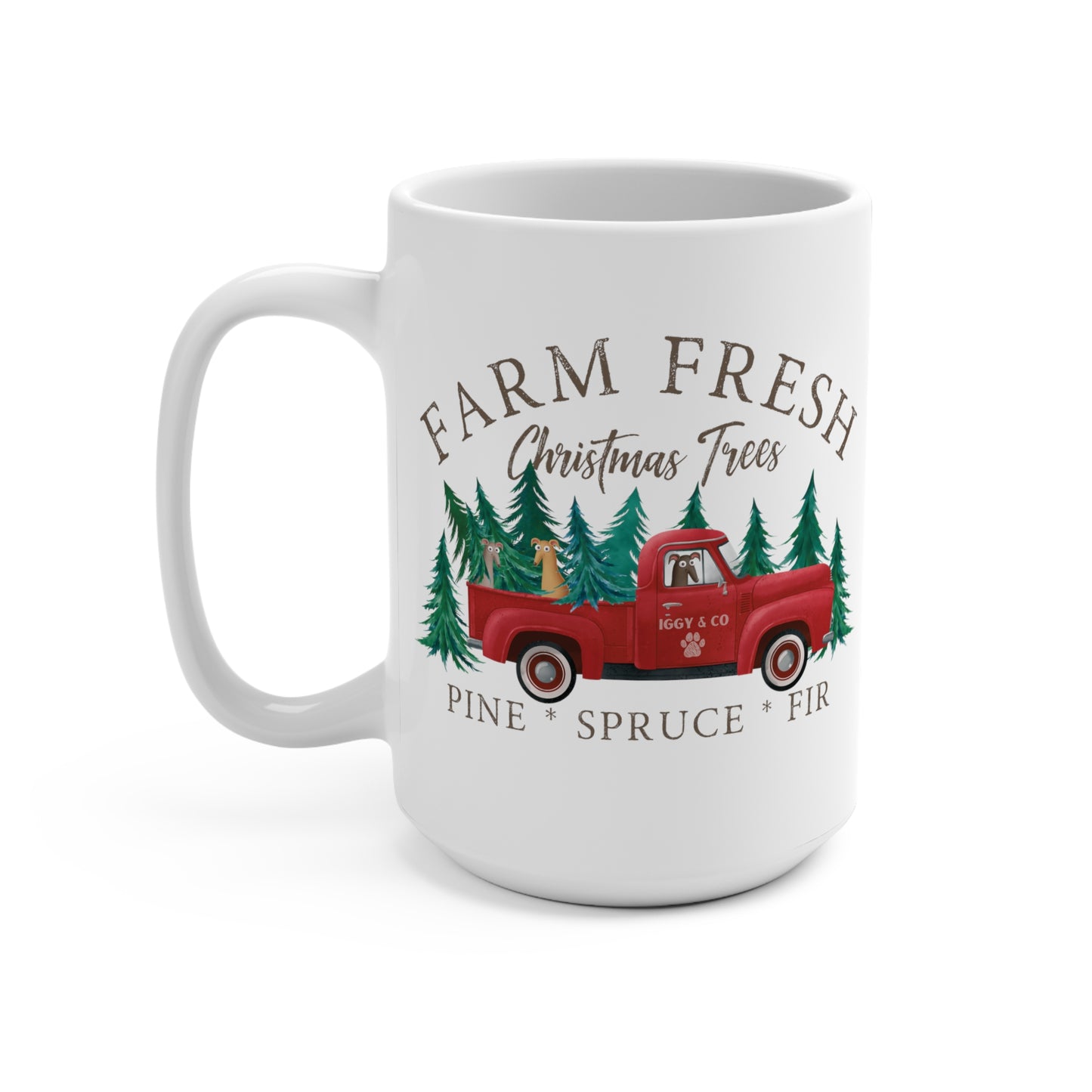 Farm Fresh Christmas Trees Iggy & Co Vintage Red Truck Greyhound Mug 15oz