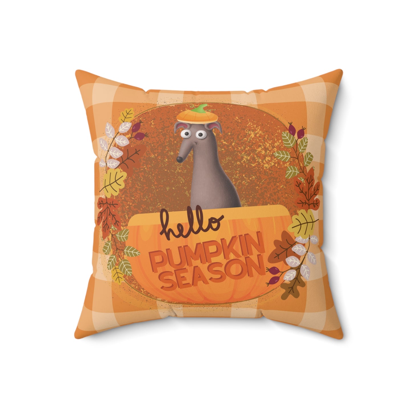 Hello Pumpkin Season Greyhound Autumn Faux Suede Square Pillow