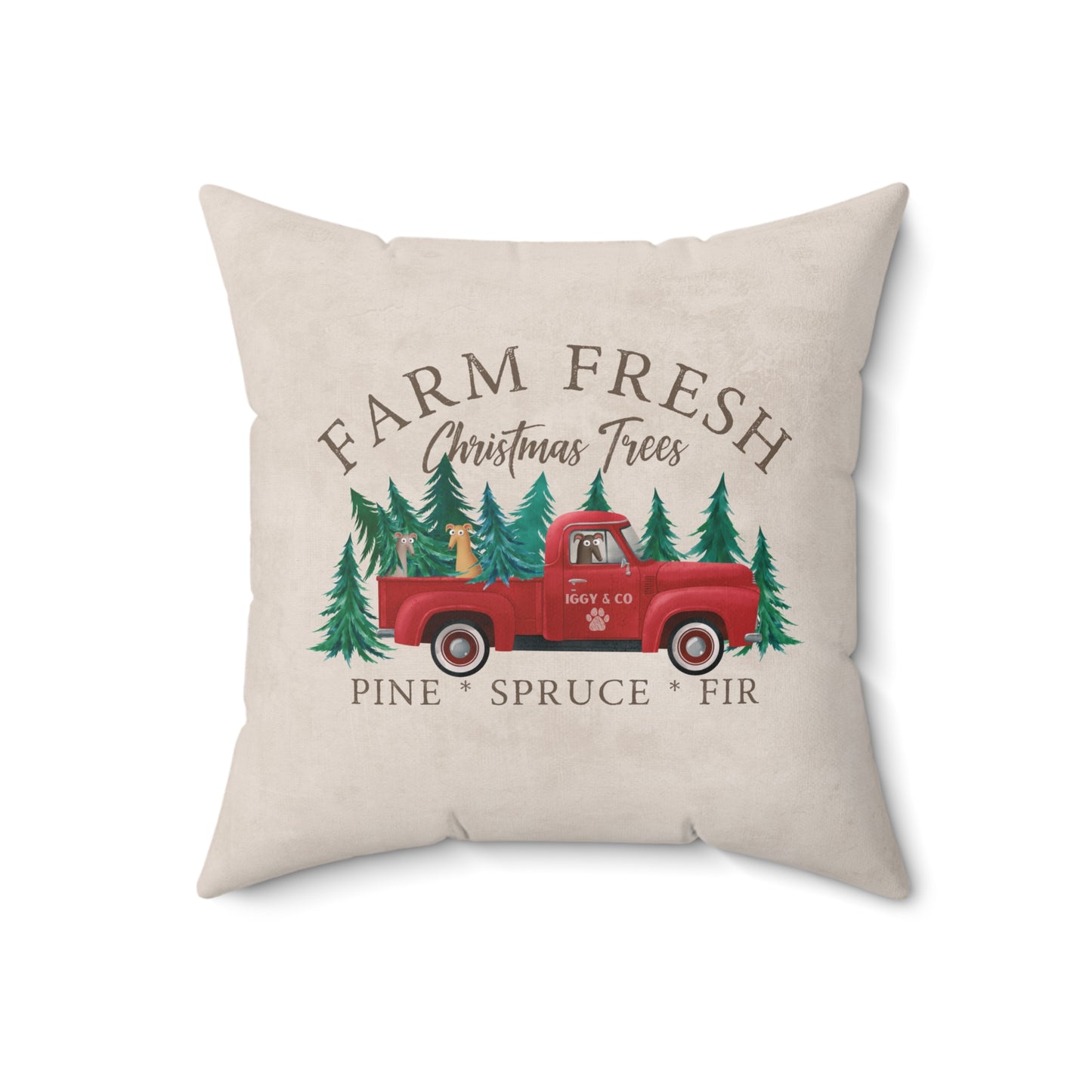 Farm Fresh Christmas Trees Iggy & Co Vintage Red Truck Greyhound Faux Suede Throw Pillow