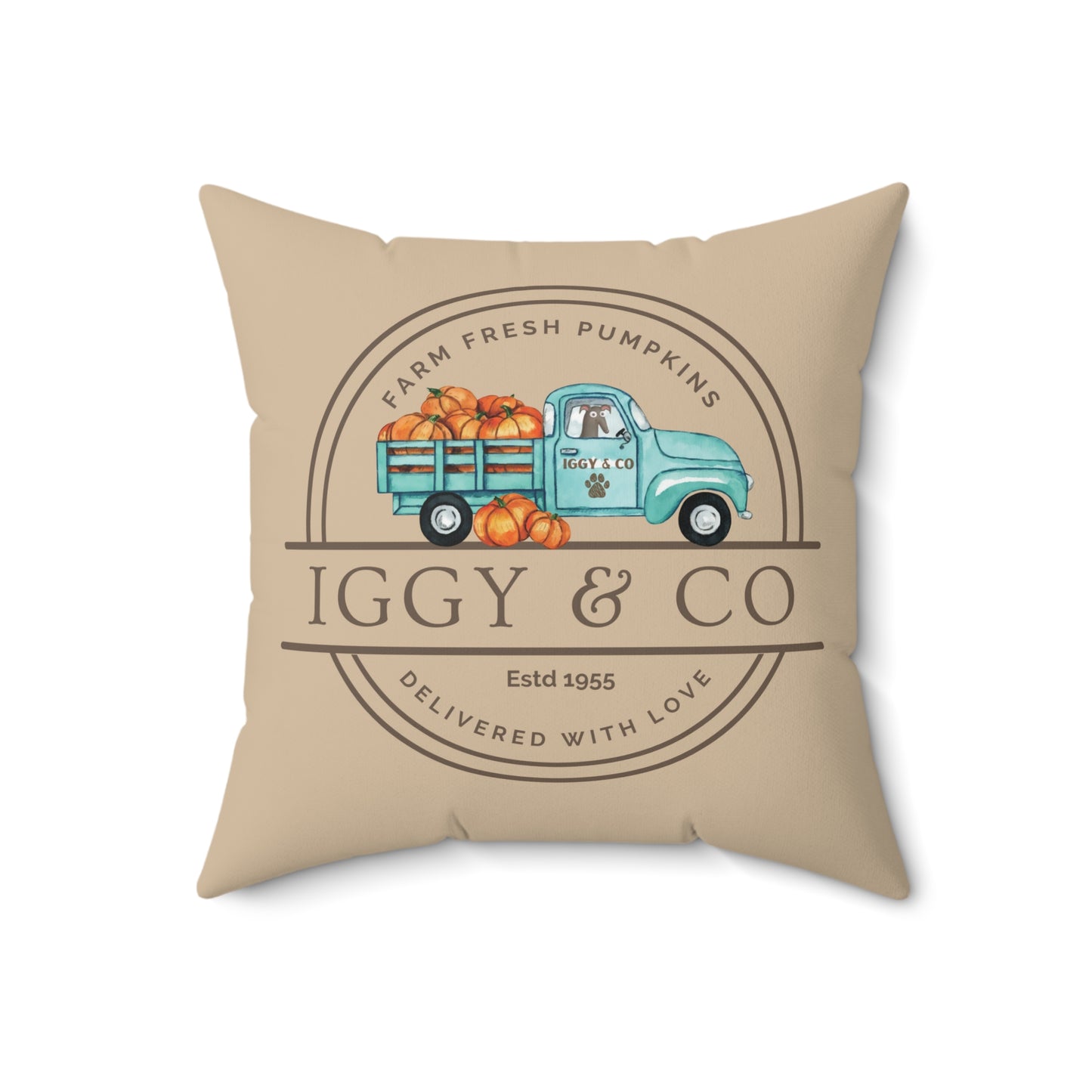 Tan Iggy & Co Whippet Greyhound Pumpkin Farm Truck Faux Suede Square Pillow
