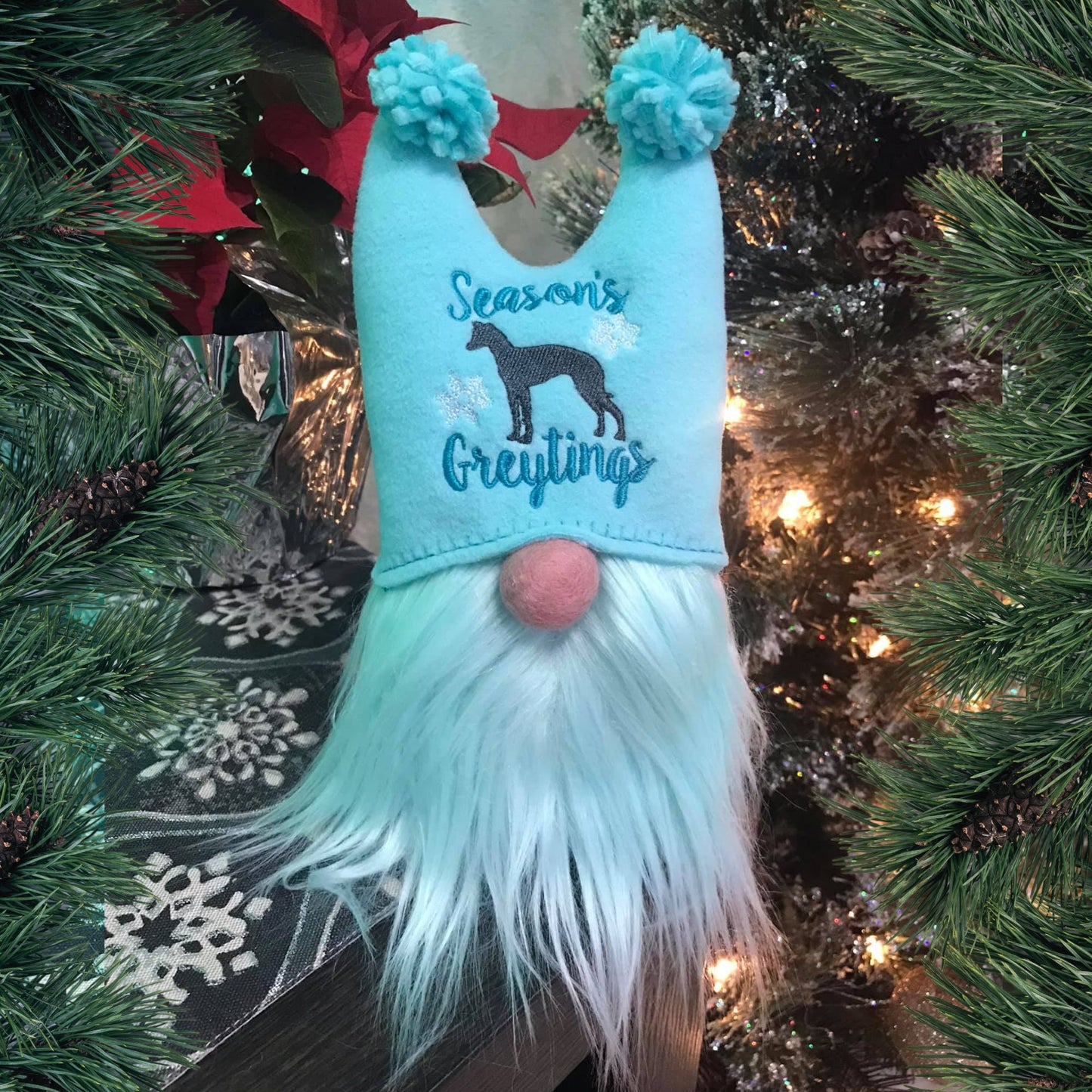 Hound Loving Gnome with Season's Greytings Iggy Aqua 2 Point Hat