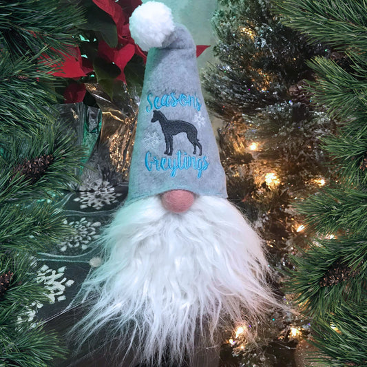 Hound Loving Gnome with Season's Greytings Iggy Grey Cone Hat