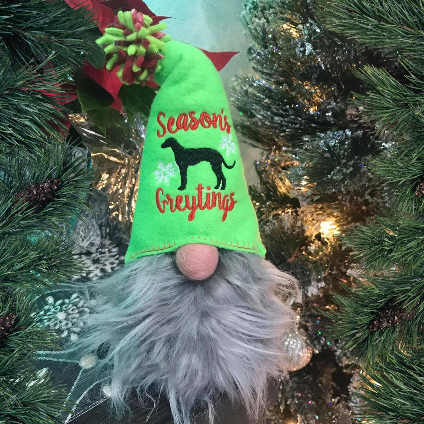 Hound Loving Gnome with Season's Greytings Greyhound Lime Cone Hat