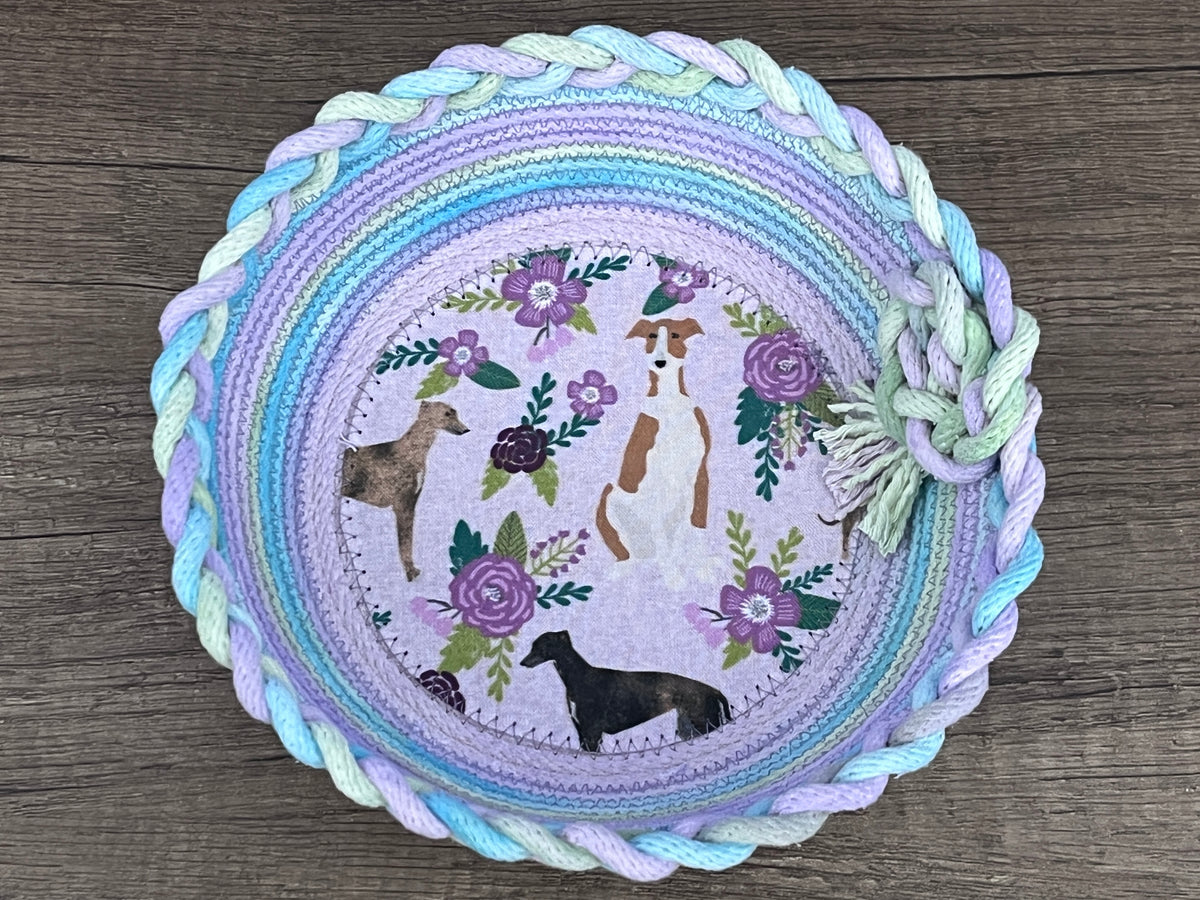 Hounds and Roses Greyhound Lavender Hand Dyed Rope Bowl / Basket