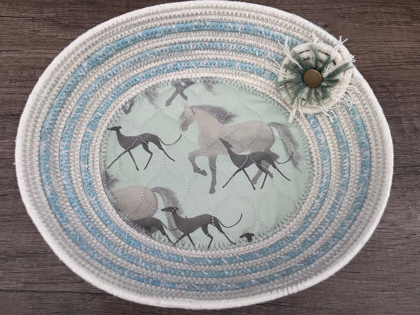 Hounds and Horses Oval Fabric Rope Bowl / Basket