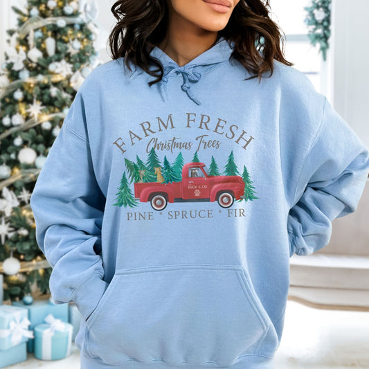Farm Fresh Christmas Trees Iggy & Co Vintage Red Truck Greyhound Hoodie Unisex Gildan Hooded Sweatshirt