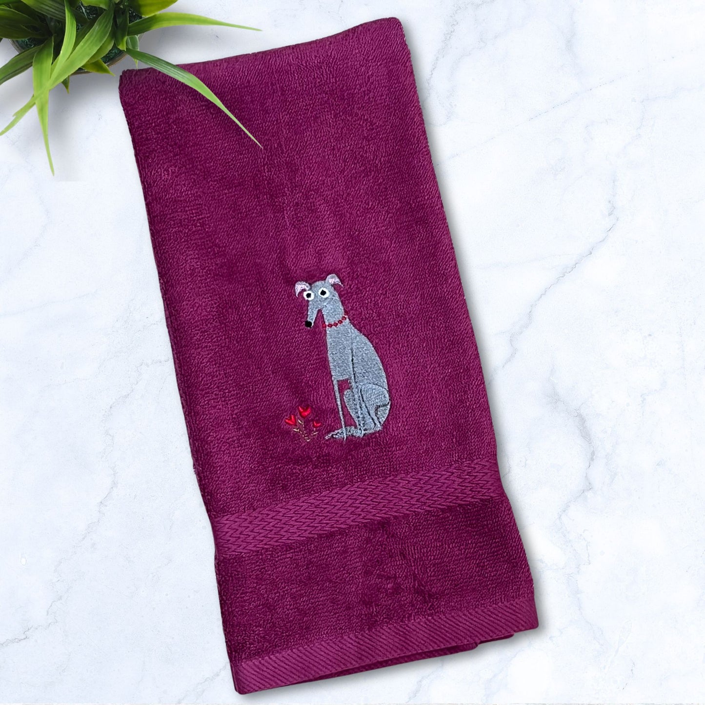 Love Blooms Iggy Whippet Greyhound Burgundy Hand Towel