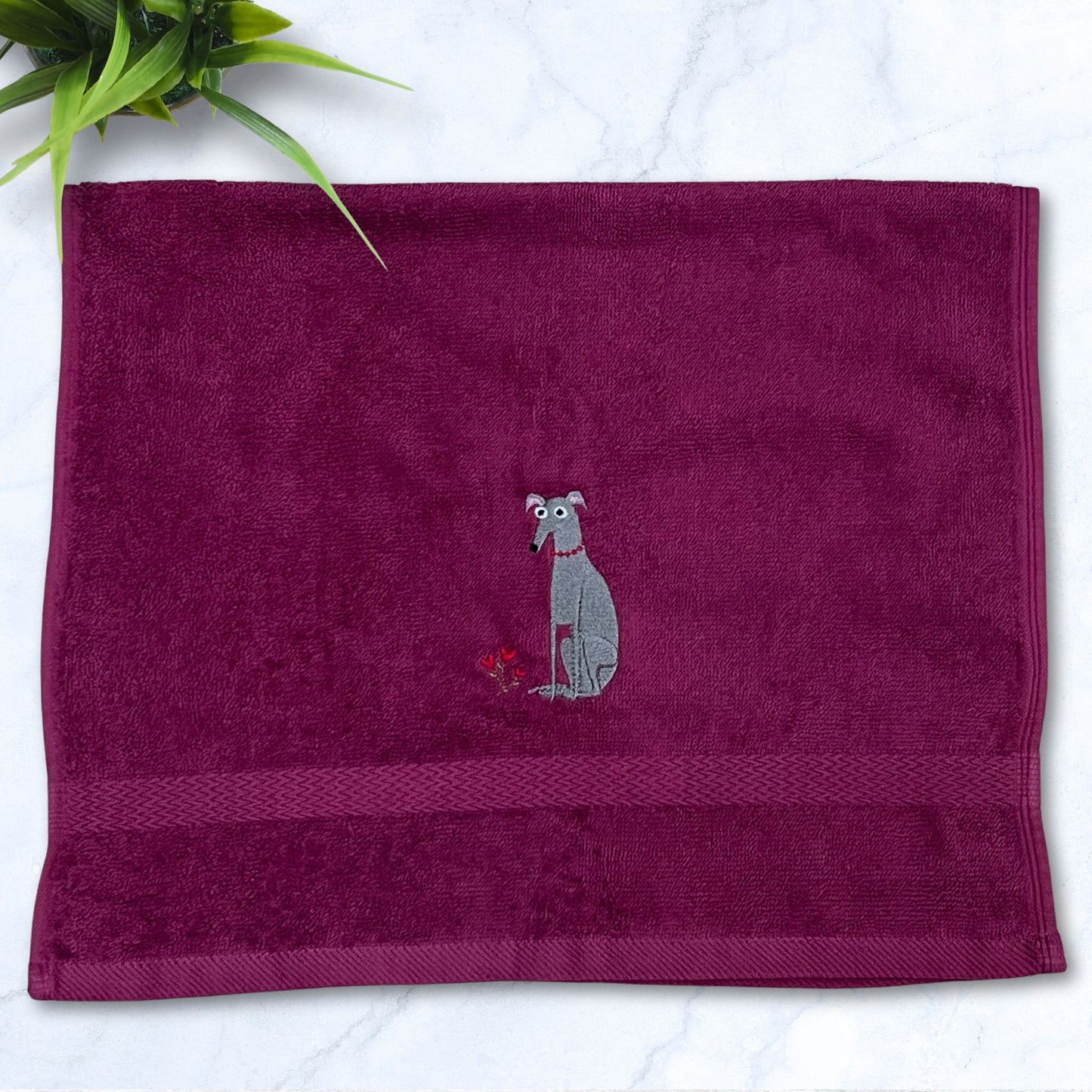 Love Blooms Iggy Whippet Greyhound Burgundy Hand Towel