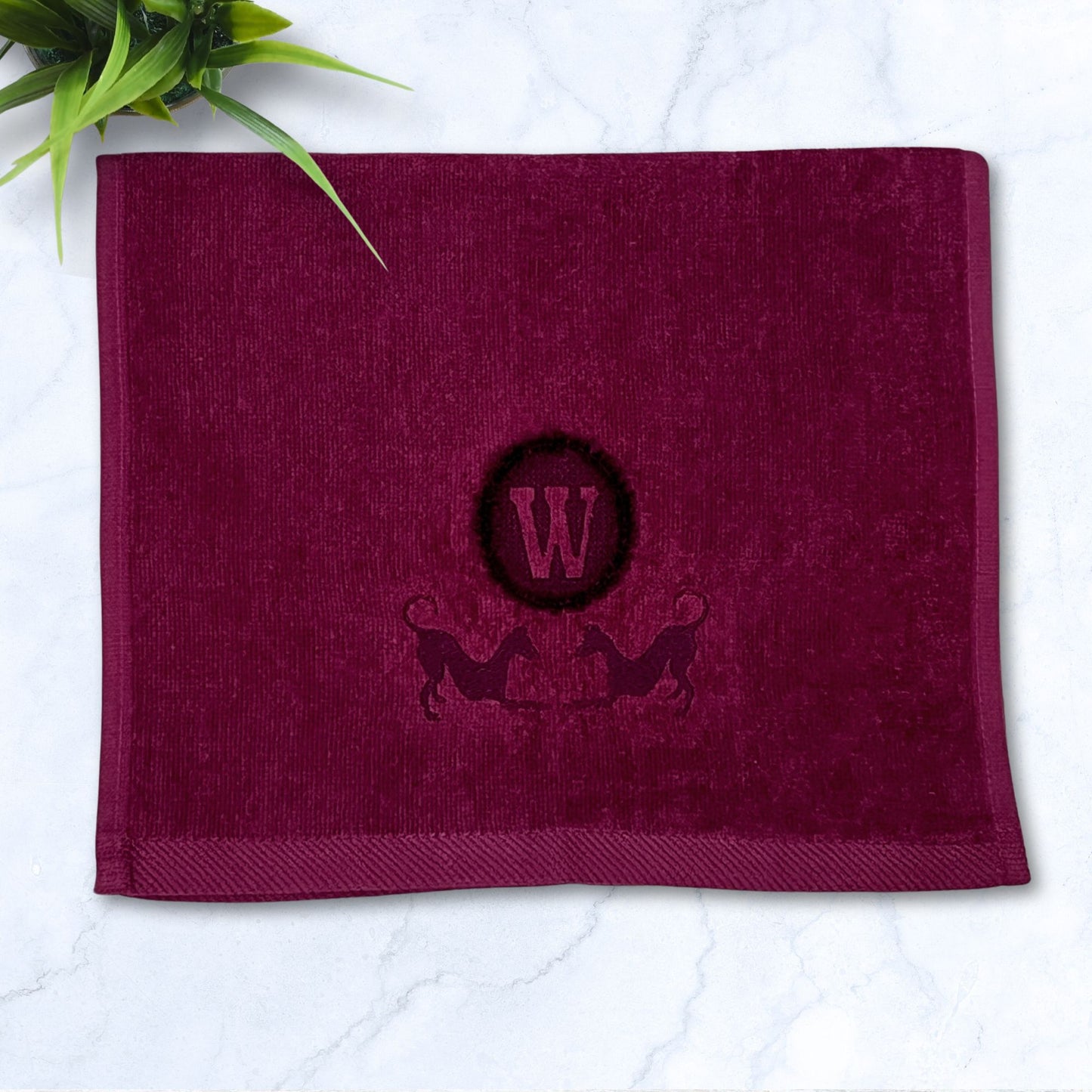 Monogrammed Playbow Hounds Whippet Greyhound Burgundy Fingertip Towel