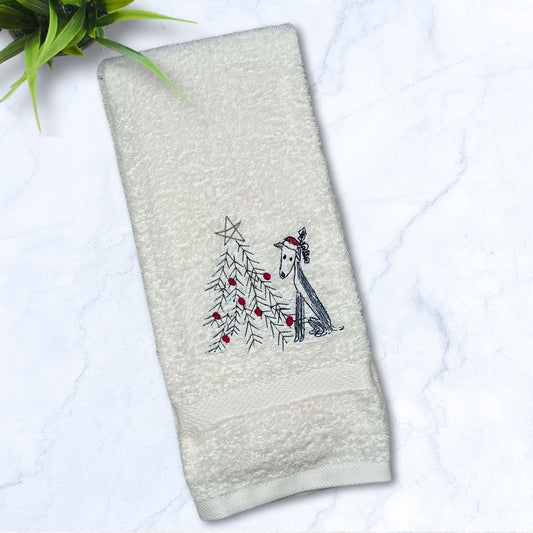 Oh Houndie Christmas Tree Iggy Whippet Greyhound Beige Hand Towel