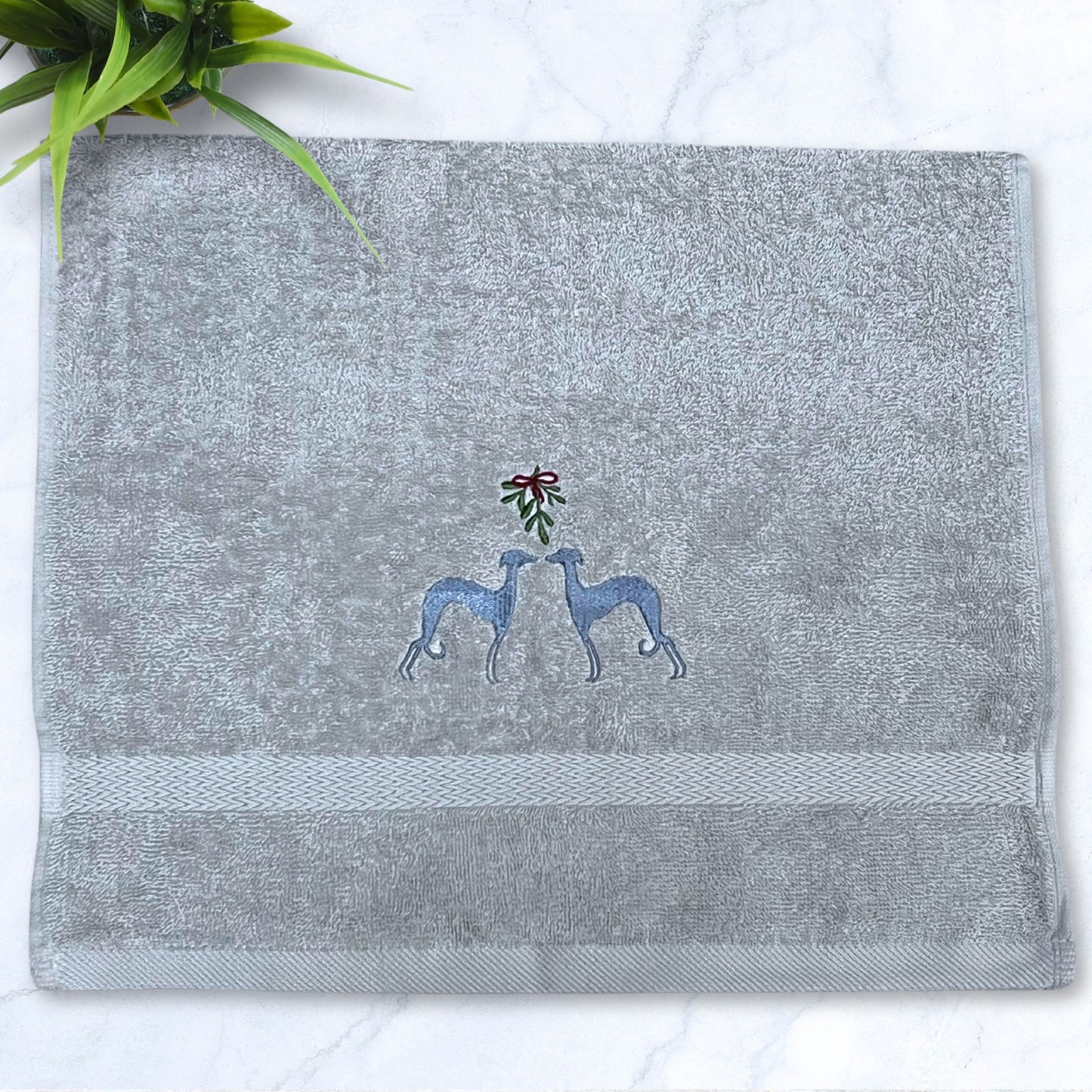 Under The Mistletoe Iggy Whippet Greyhound Grey Hand Towel