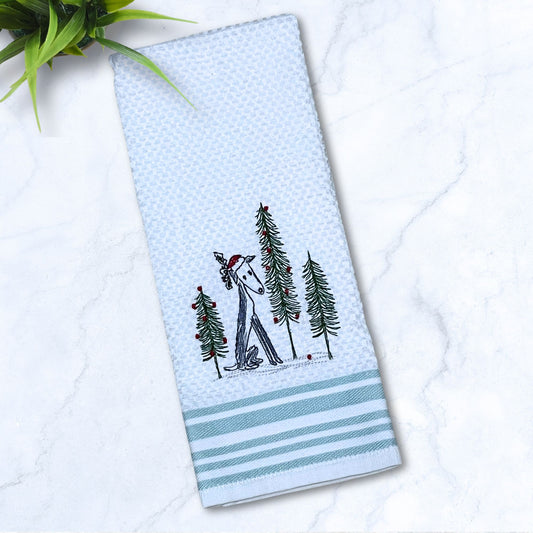 Winter Wonderland Sketch Greyhound Whippet Iggy Sage Stripes Kitchen Hand Towel