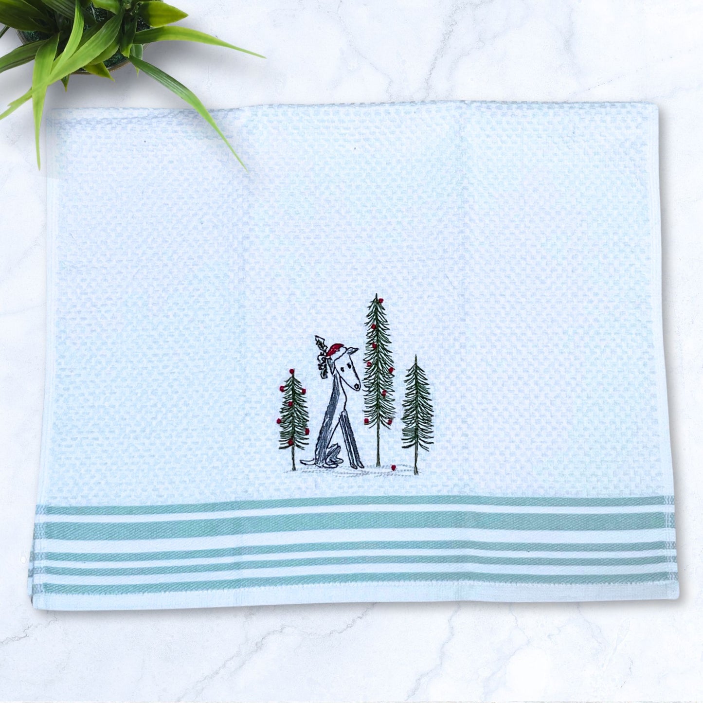 Winter Wonderland Sketch Greyhound Whippet Iggy Sage Stripes Kitchen Hand Towel