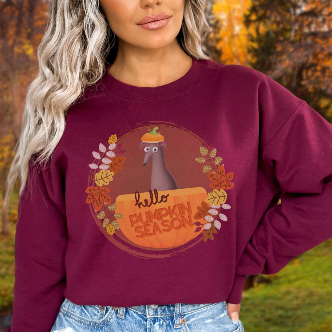 Hello Pumpkin Season Fall Pumpkin Spice Whippet Greyhound Unisex Crewneck Sweatshirt