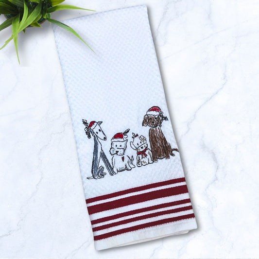 Holiday Doodle Hounds Red Stripes Kitchen Hand Towel