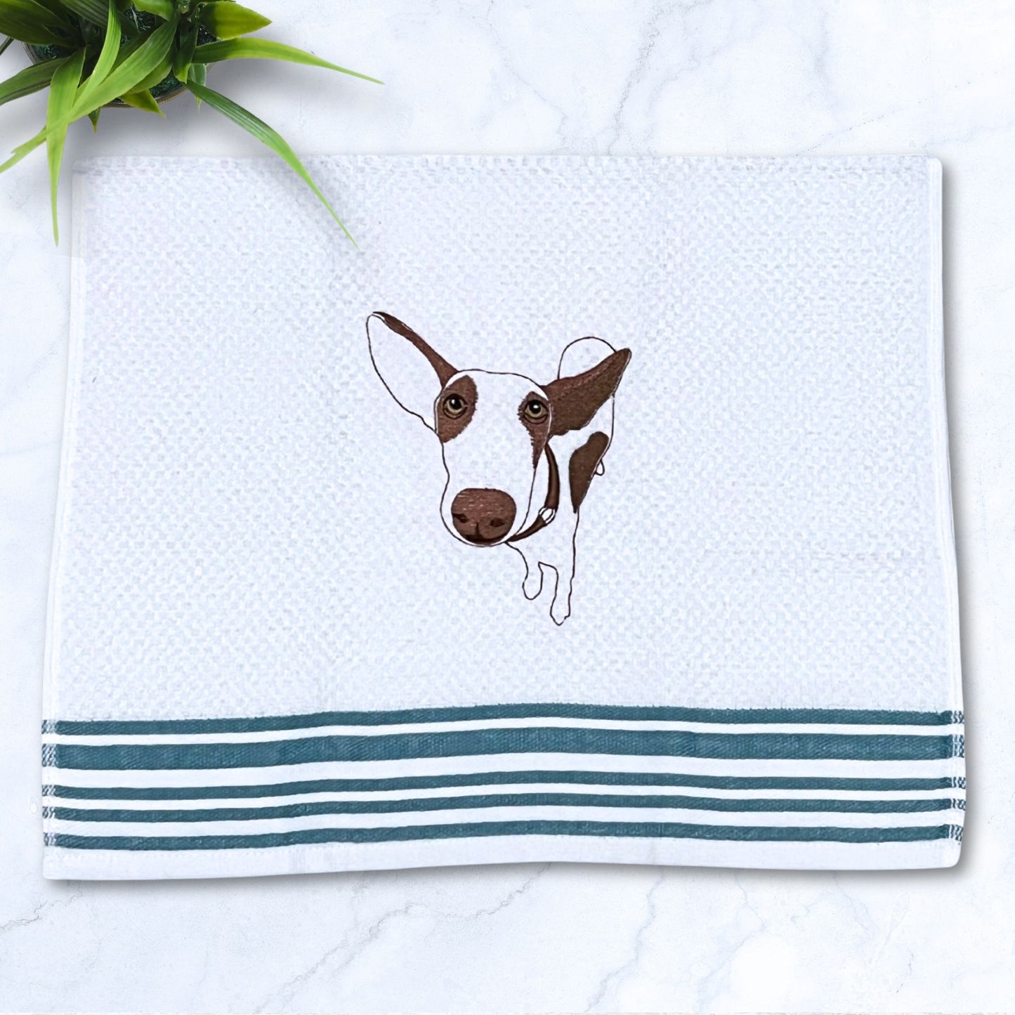 Podenco Ibizan Hound Turquoise Stripes Kitchen Hand Towel