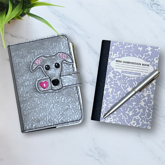 Mini Notebook Cover Light Grey Brindle Houndie Head with Heart Snap