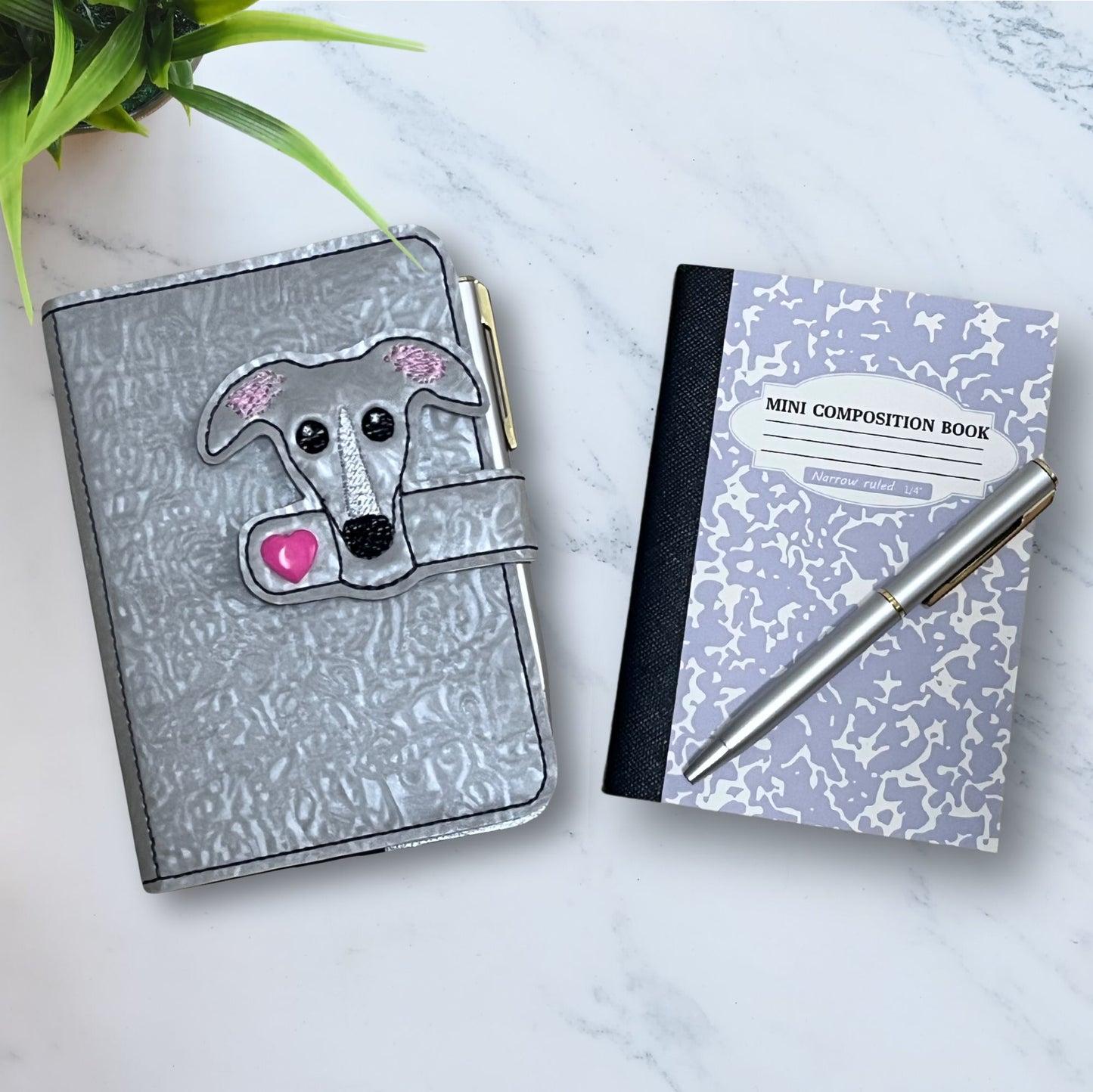 Mini Notebook Cover Light Grey Brindle Houndie Head with Blaze and Heart Snap