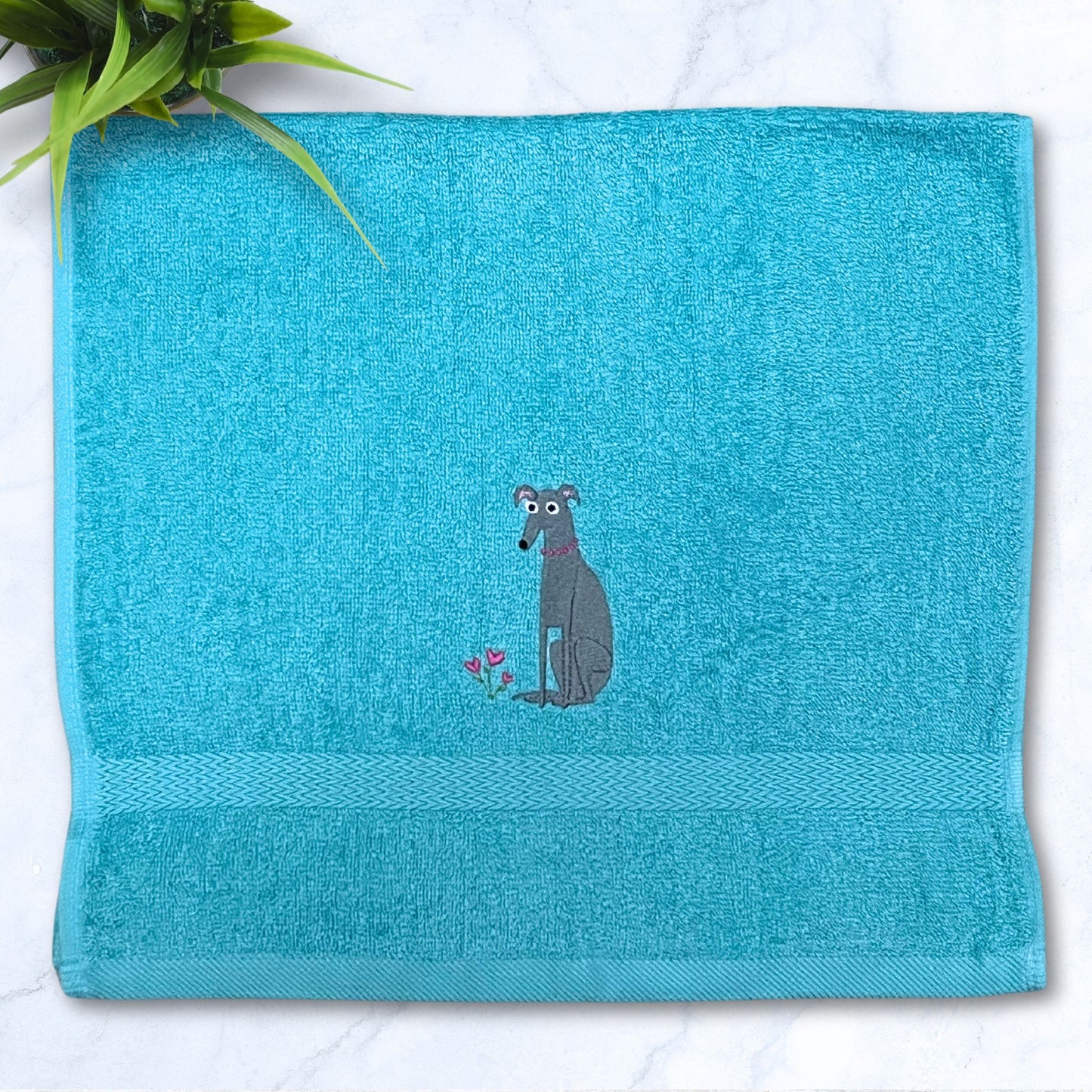 Love Blooms Iggy Whippet Greyhound Aqua Hand Towel