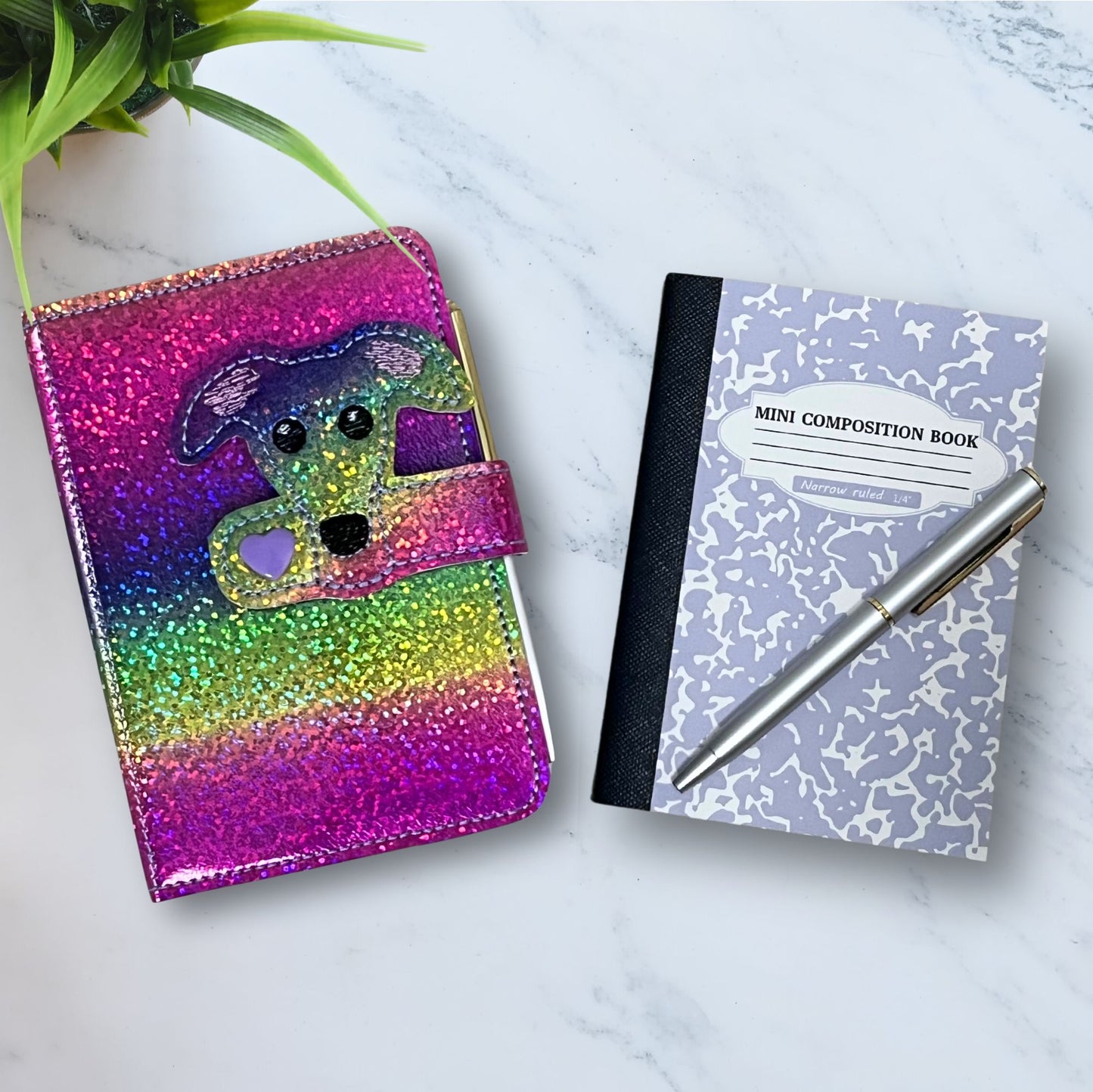 Mini Notebook Cover Rainbow Holo Sparkle Houndie Head with Heart Snap