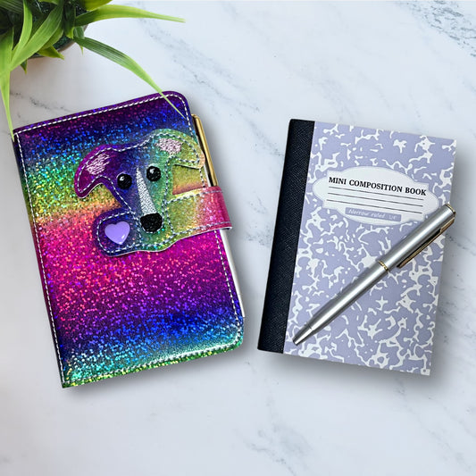 Mini Notebook Cover Rainbow Holo Sparkle Houndie Head with Blaze and Heart Snap