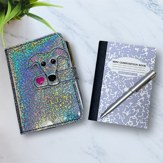 Mini Notebook Cover Silver Holo Sparkle Houndie Head with Heart Snap