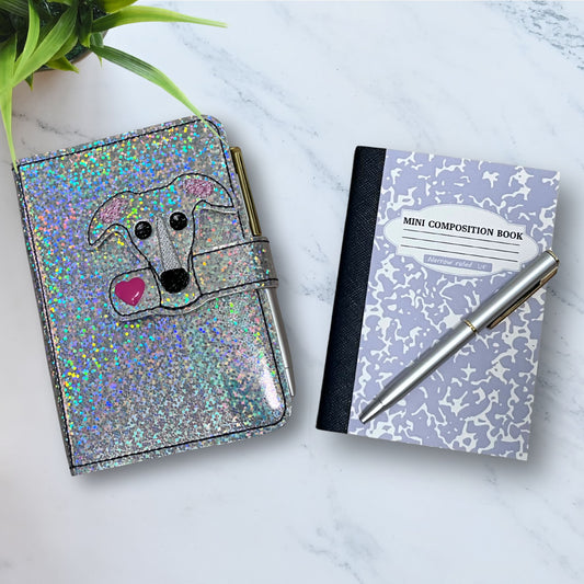 Mini Notebook Cover Silver Holo Sparkle Houndie Head with Blaze and Heart Snap