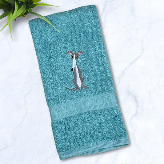 Sitting Italian Greyhound Whippet Aqua Hand Towel