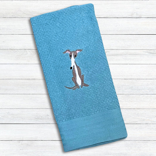 Sitting Italian Greyhound IG Whippet Turquoise Kitchen Hand Towel