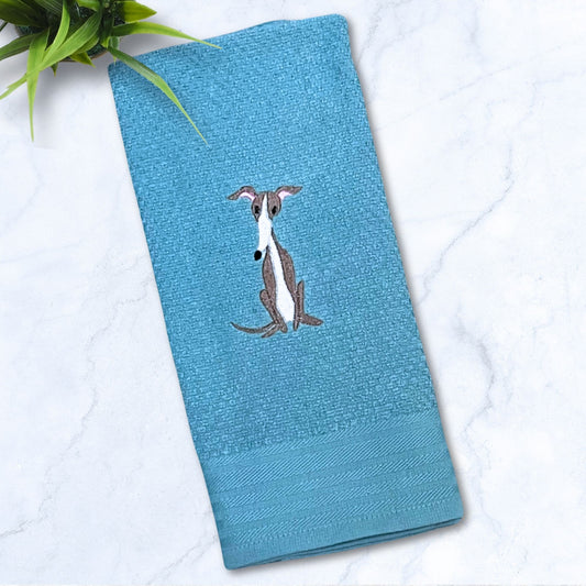 Sitting Italian Greyhound IG Whippet Turquoise Kitchen Hand Towel