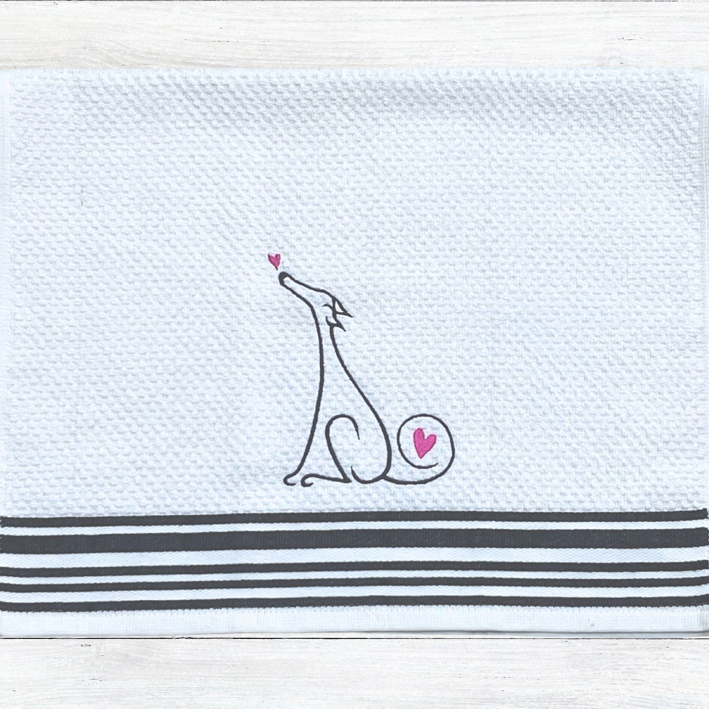 Valentine Hound Sitting Iggy Greyhound Whippet Galgo White/Grey Stripes Kitchen Hand Towel