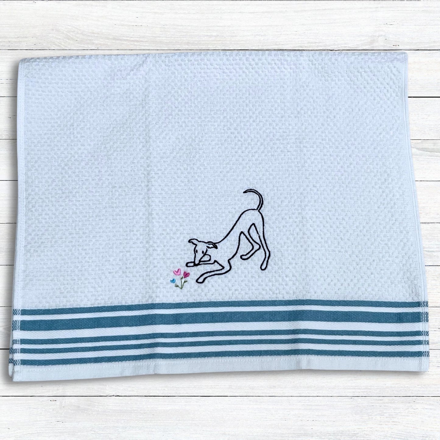Spring Has Sprung Greyhound Whippet Turquoise Stripes Kitchen Hand Towel