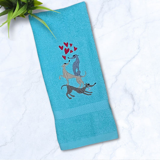 Stacked Hounds with Hearts Italian Greyhound Whippet Aqua Hand Towel